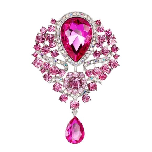 Victorian Style Pink Rhinestone Brooch Teardrop Silver Tone - Picture 1 of 1